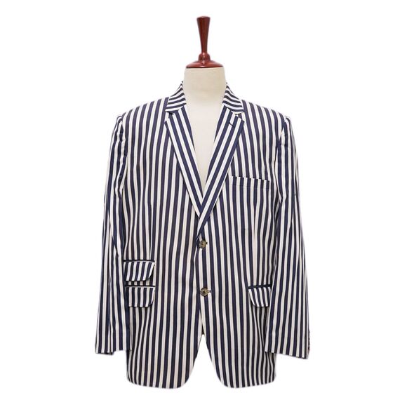 Mens 46R Striped Blazer Sport Coat Blue Cream Cotton Bold Stripe Summer Party
